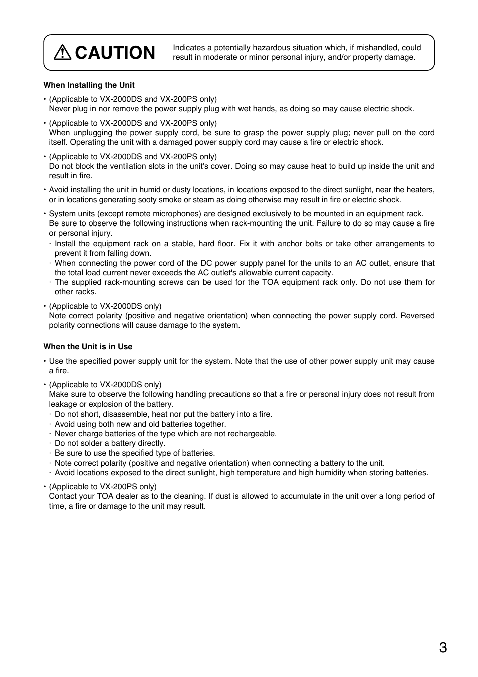 Caution | Toa VX-200PS ER User Manual | Page 3 / 28