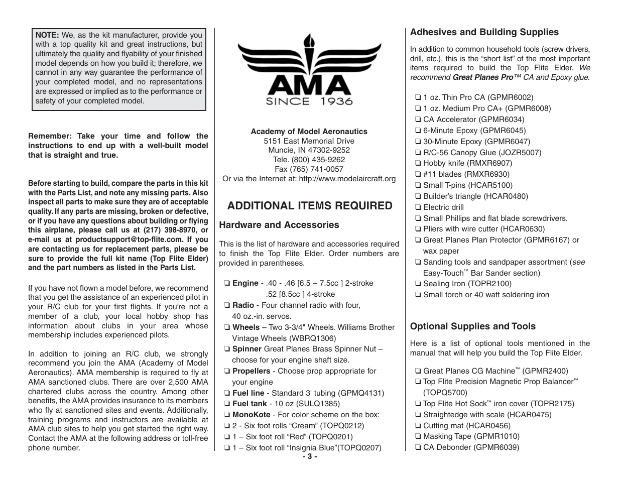 Additional items required | Top Flite TOPA0215 User Manual | Page 3 / 42