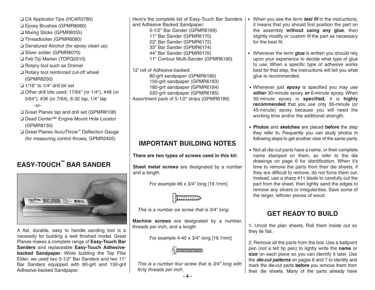 Easy-touch, Bar sander, Get ready to build | Top Flite TOPA0215 User Manual | Page 4 / 42