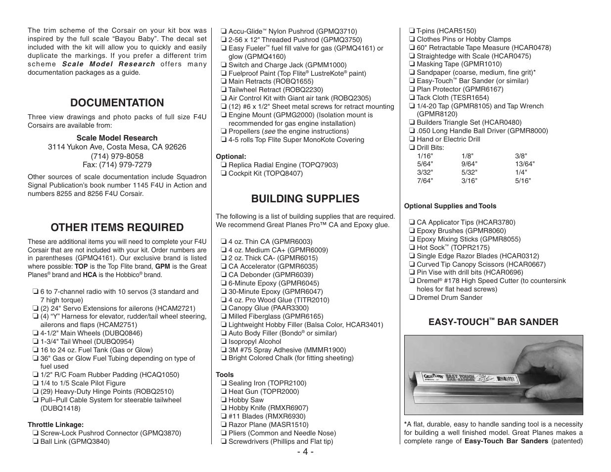 Documentation, Other items required, Building supplies | Easy-touch, Bar sander | Top Flite TOPA0410 User Manual | Page 4 / 62