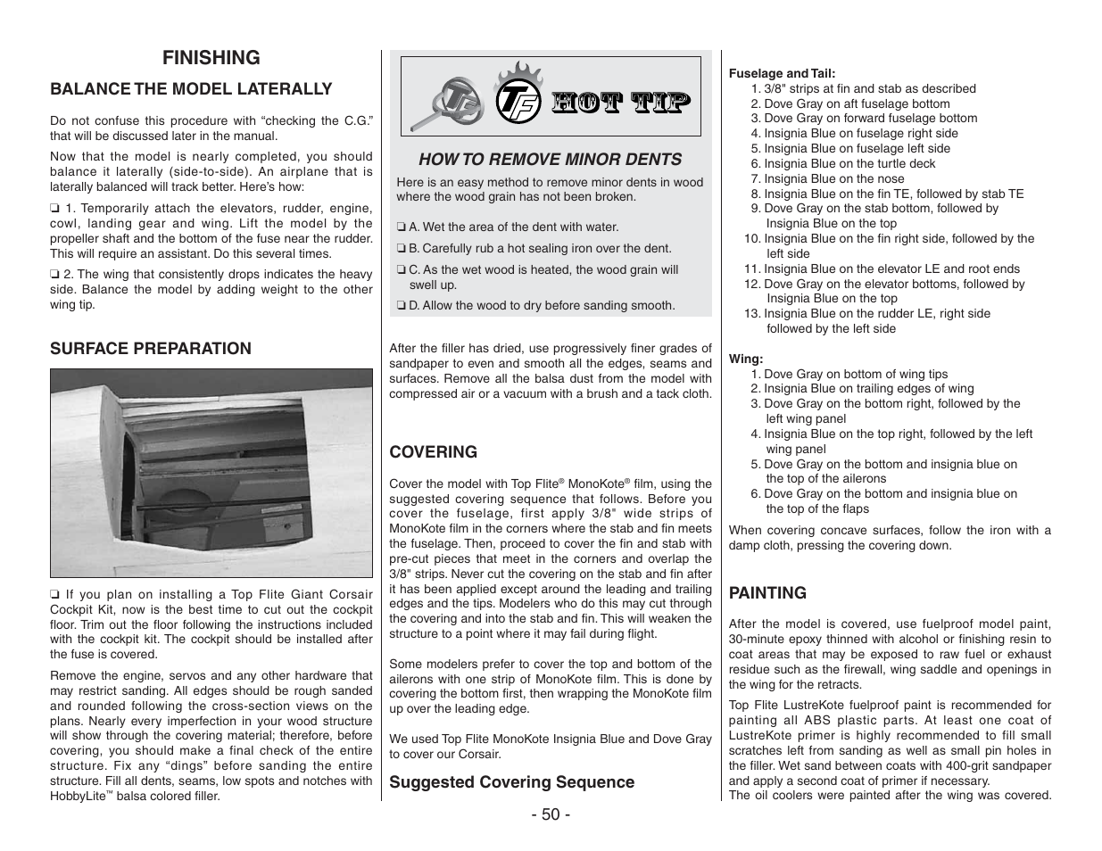 Finishing, Balance the model laterally, Surface preparation | How to remove minor dents, Covering, Suggested covering sequence, Painting | Top Flite TOPA0410 User Manual | Page 50 / 62