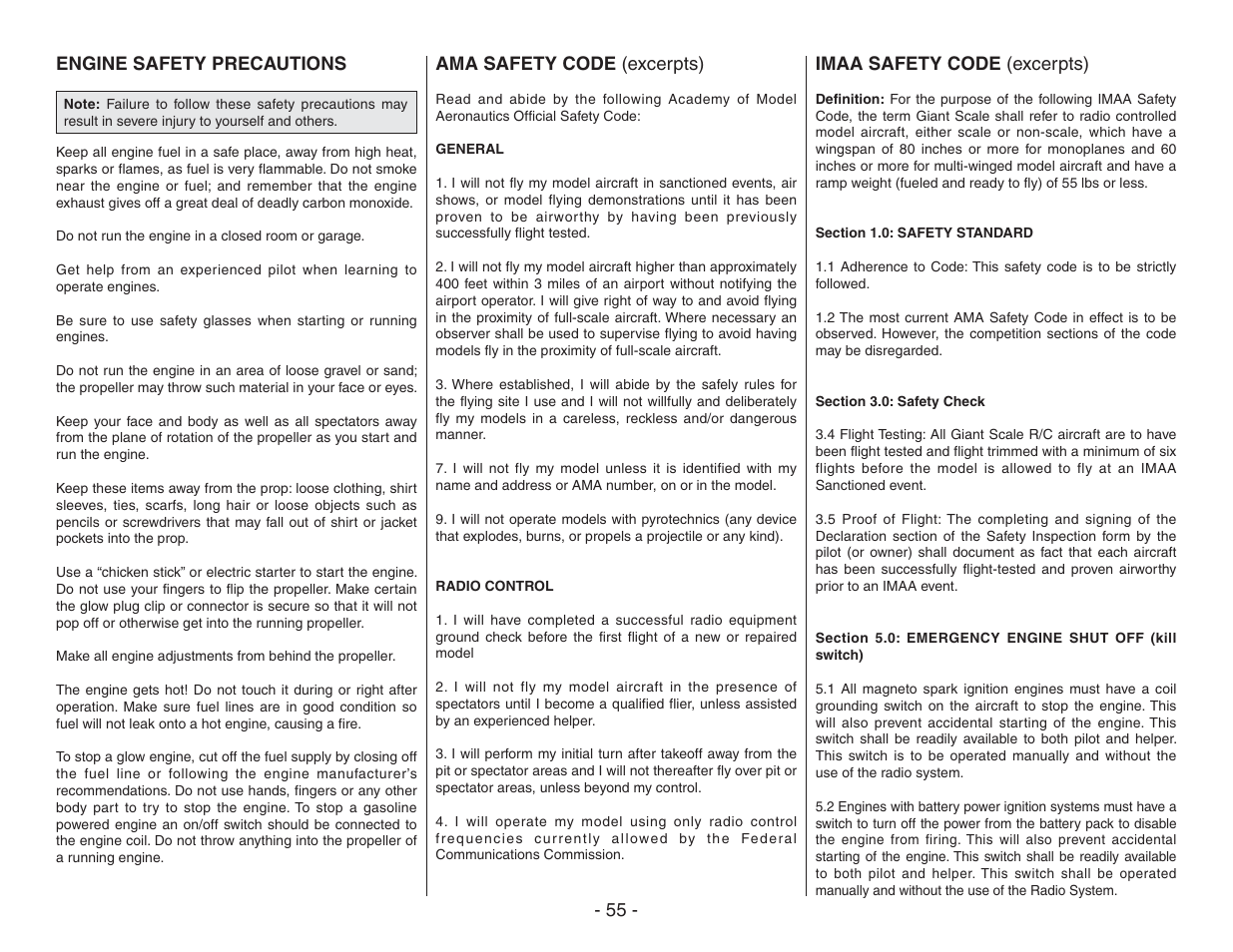 55 - engine safety precautions, Ama safety code (excerpts), Imaa safety code (excerpts) | Top Flite TOPA0410 User Manual | Page 55 / 62