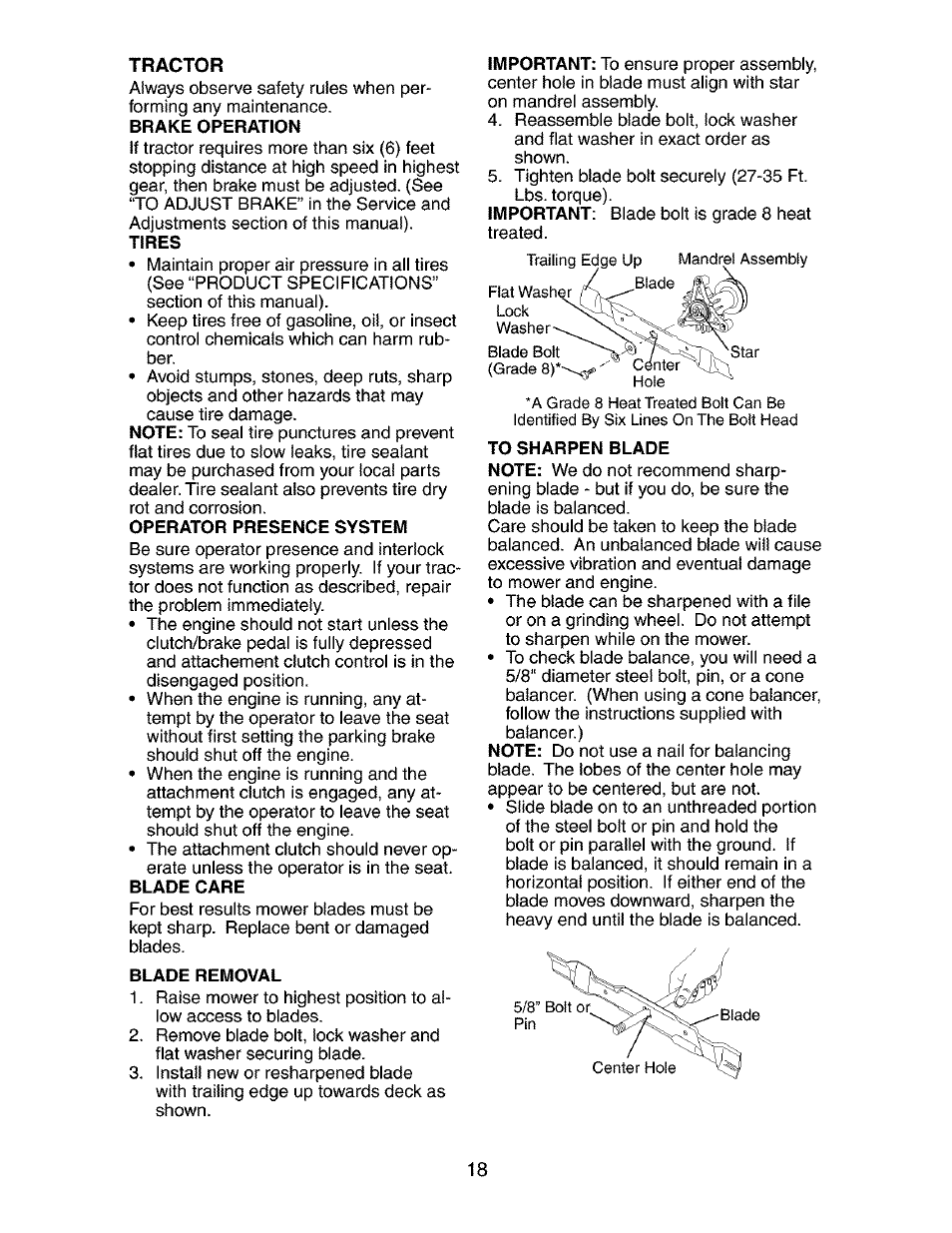 Operator presence system, Blade care, Blade removal | To sharpen blade | Craftsman 917.273134 User Manual | Page 18 / 60