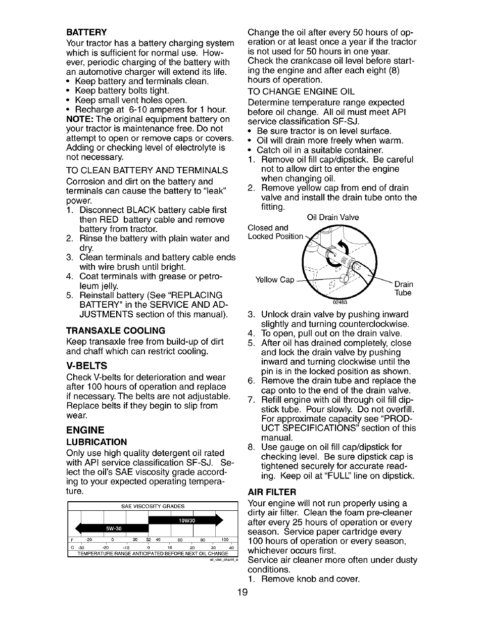 Battery, Transaxle cooling, Lubrication | Craftsman 917.273134 User Manual | Page 19 / 60