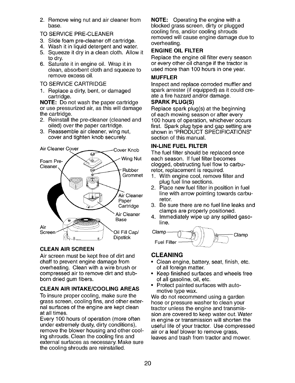 Clean air screen, Clean air intake/cooling areas, Muffler | Spark plug(s) | Craftsman 917.273134 User Manual | Page 20 / 60