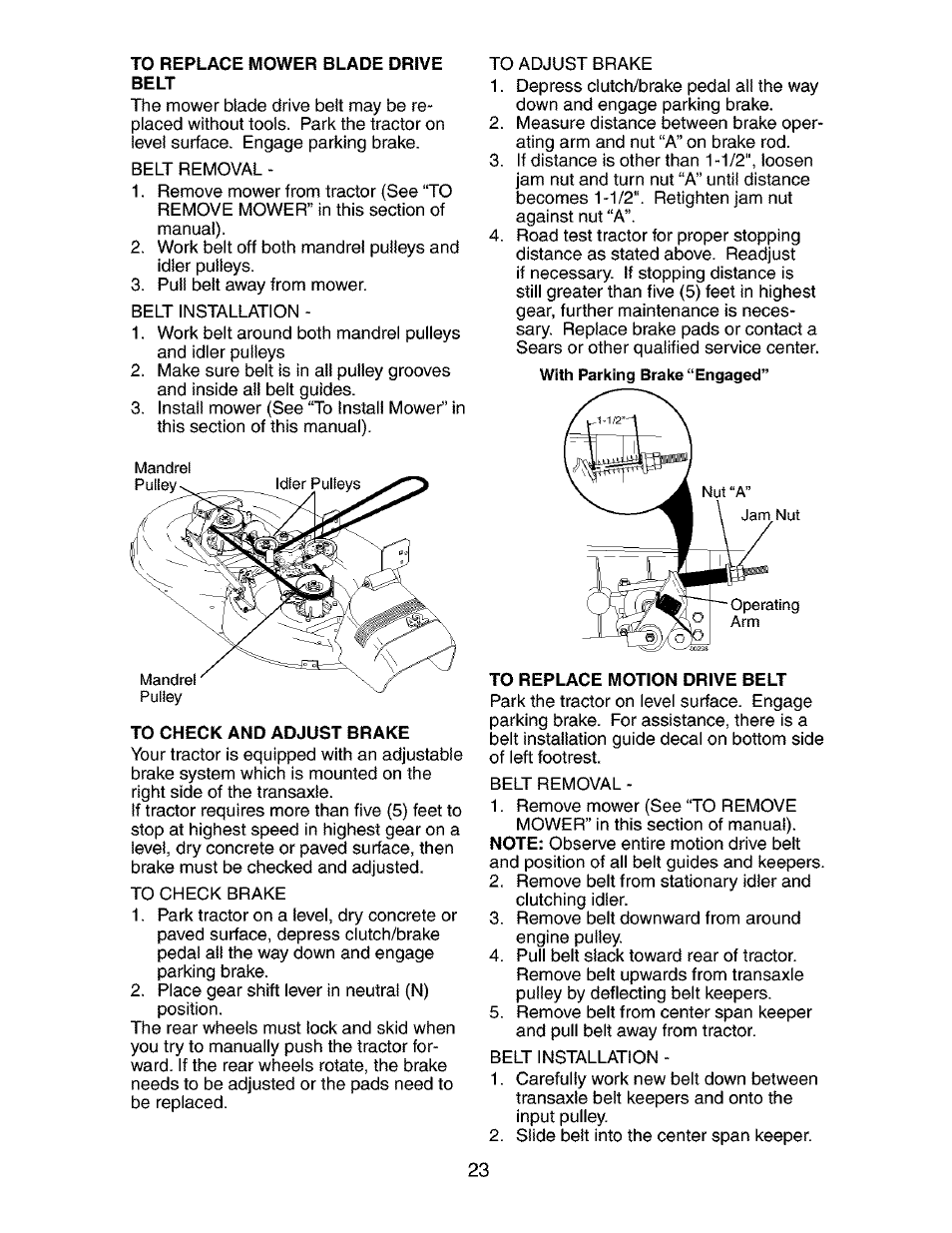 To check and adjust brake, To replace motion drive belt | Craftsman 917.273134 User Manual | Page 23 / 60