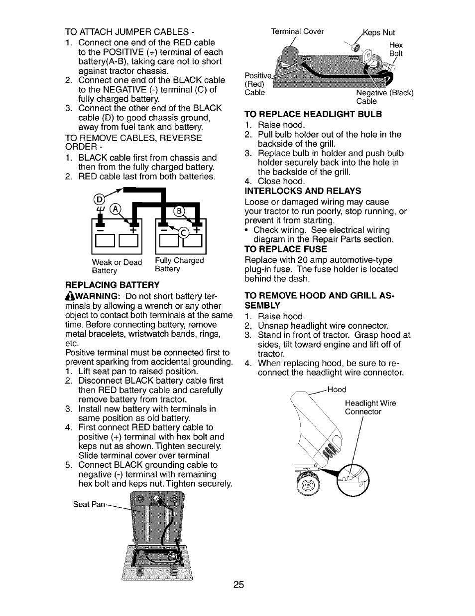 To replace headlight bulb, To remove hood and grill assembly, Life | Craftsman 917.273134 User Manual | Page 25 / 60