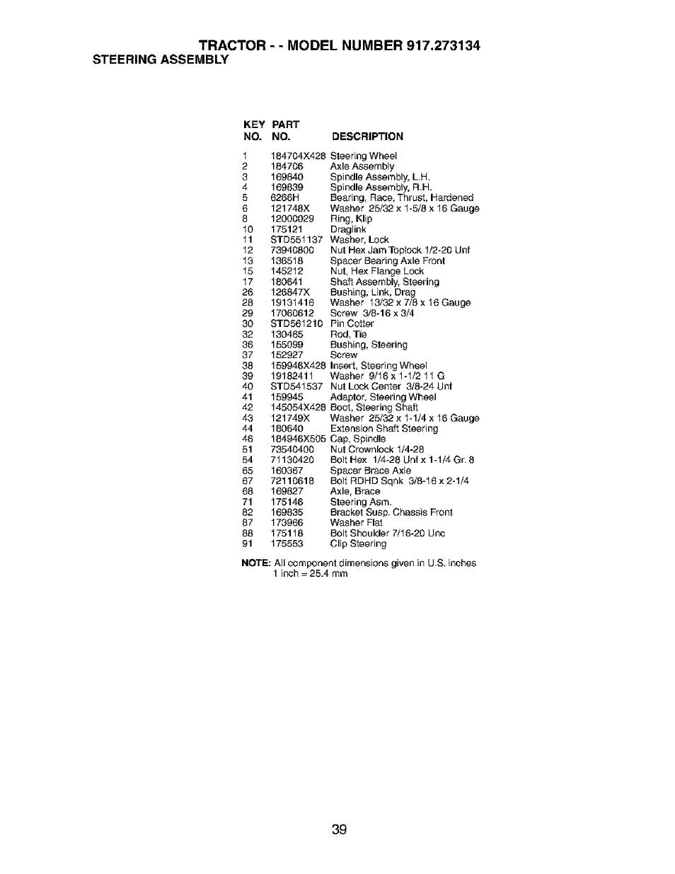 Tractor, Steering assembl | Craftsman 917.273134 User Manual | Page 39 / 60