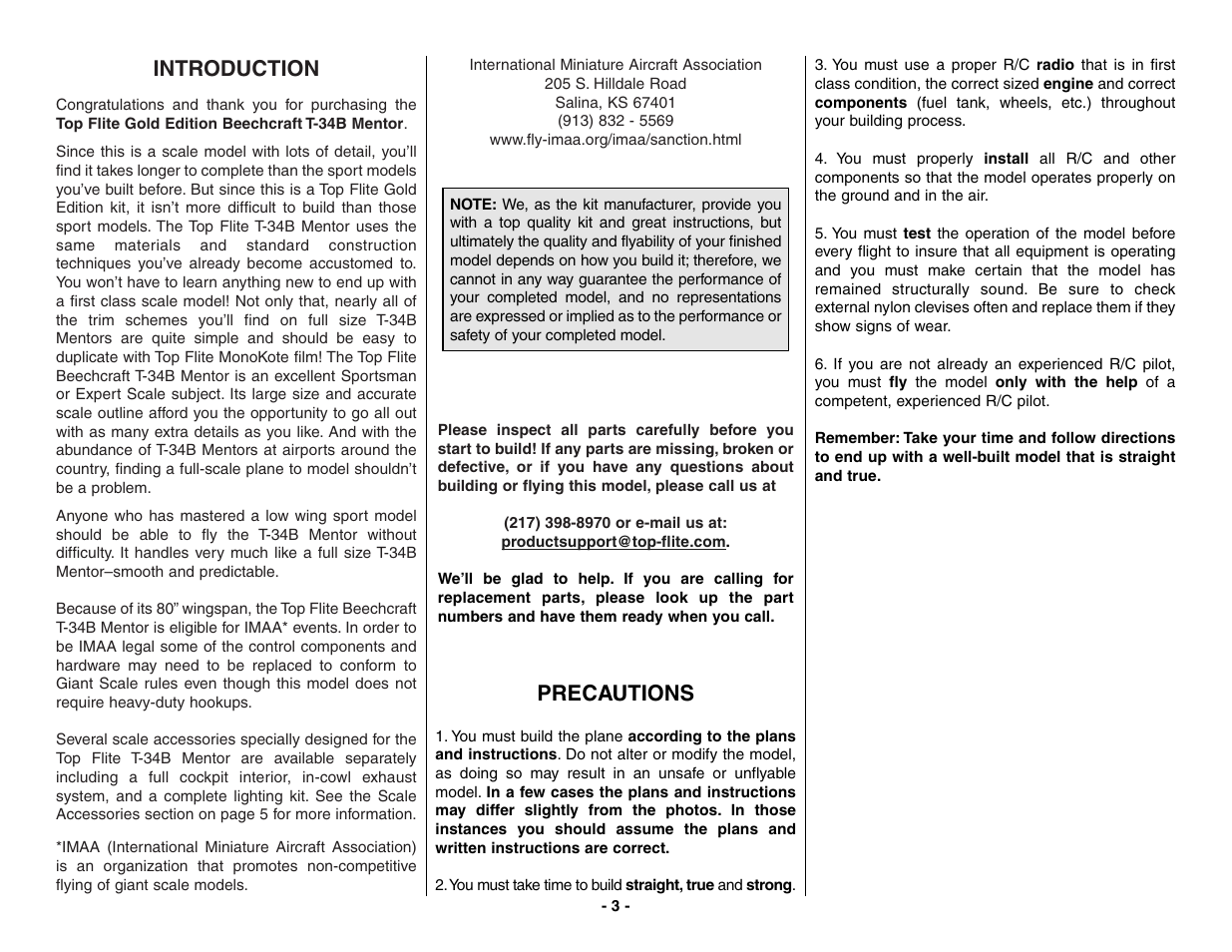 Introduction, Precautions | Top Flite TOPA0160 User Manual | Page 3 / 66