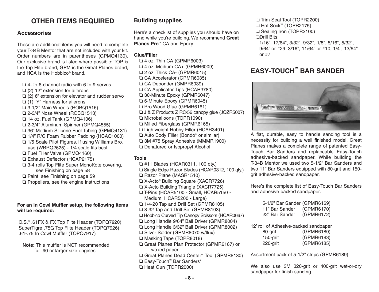 Other items required, Easy-touch, Bar sander | Top Flite TOPA0160 User Manual | Page 8 / 66