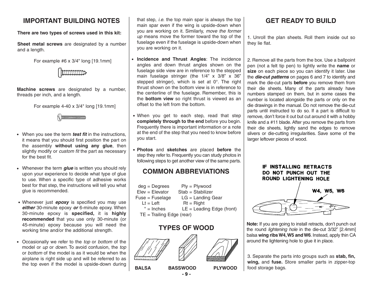 Common abbreviations, Types of wood, Get ready to build | Top Flite TOPA0160 User Manual | Page 9 / 66