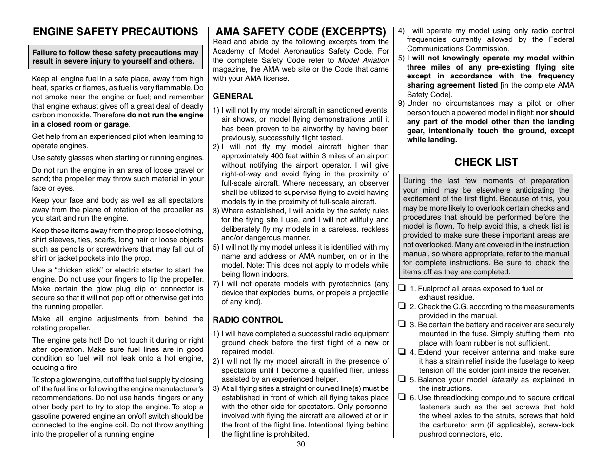 Engine safety precautions, Ama safety code (excerpts), Check list | Top Flite TOPA0965 User Manual | Page 30 / 32