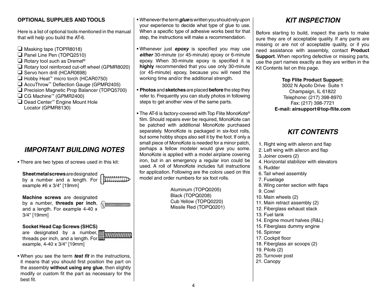 Kit inspection, Kit contents | Top Flite TOPA0965 User Manual | Page 4 / 32
