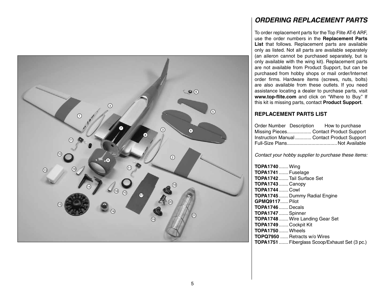 Ordering replacement parts, Replacement parts list | Top Flite TOPA0965 User Manual | Page 5 / 32