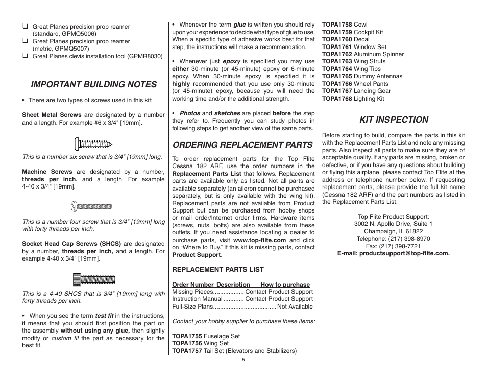 Ordering replacement parts, Kit inspection | Top Flite TOPA0906 User Manual | Page 5 / 36