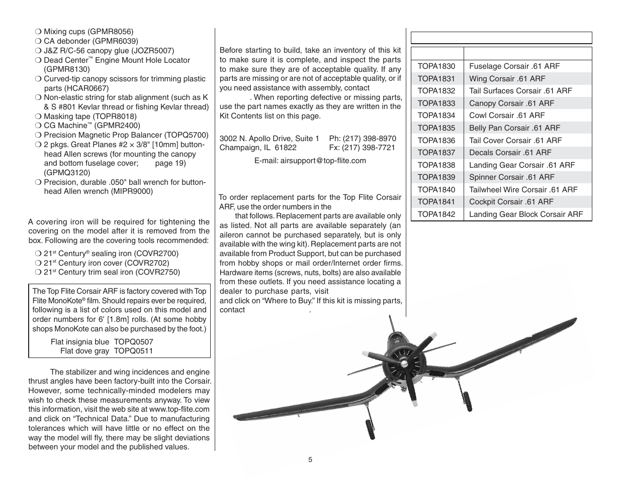 Kit inspection, Ordering replacement parts | Top Flite TOPA0951 User Manual | Page 5 / 36