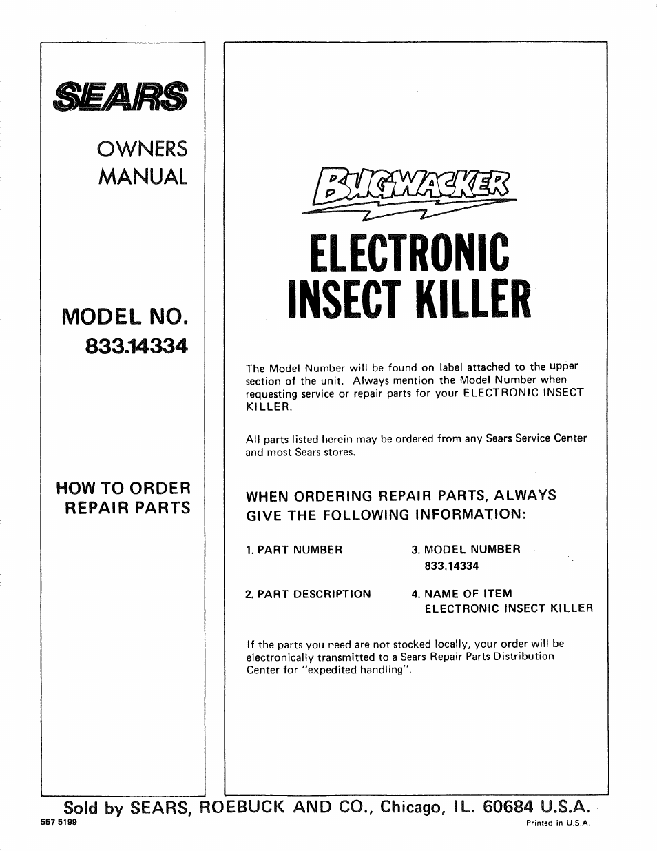 Bemm, How to order repair parts, Electronic insect killer | Owners manual model no | Craftsman 833.14334 User Manual | Page 6 / 6