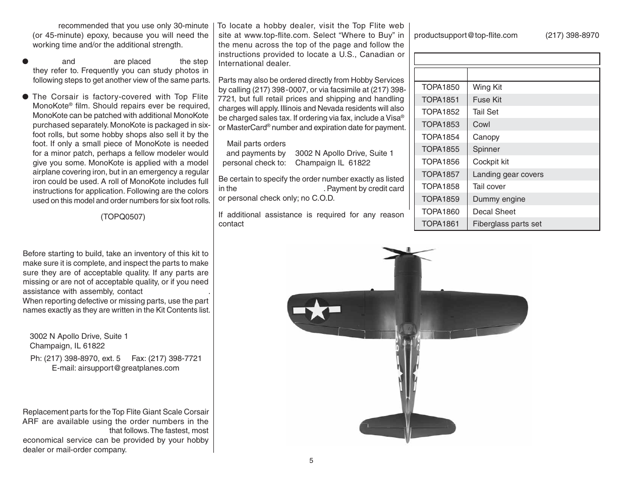 Kit inspection, Ordering replacement parts | Top Flite TOPA0704 User Manual | Page 5 / 48