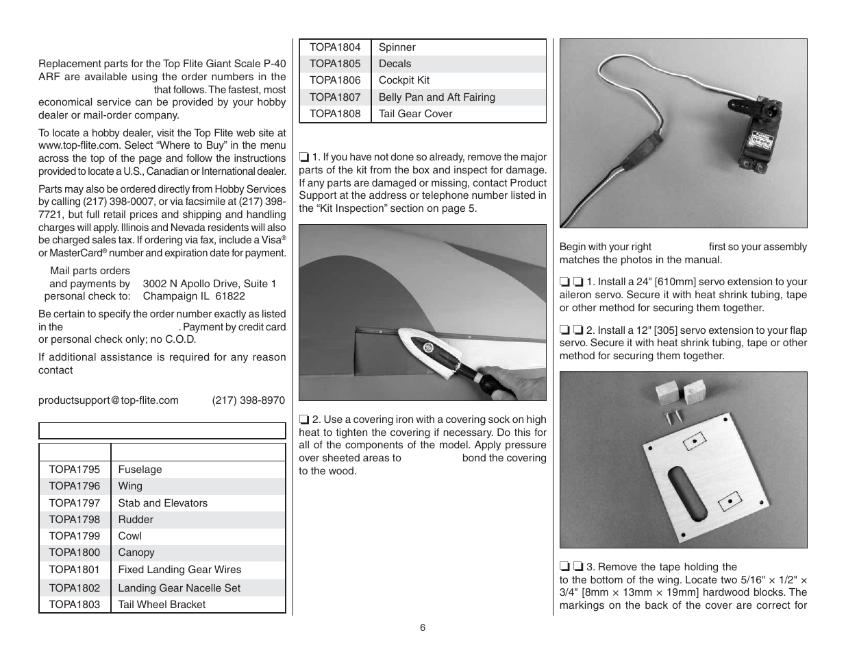 Ordering replacement parts, Preparations, Assemble the wing | Top Flite TOPA0705 User Manual | Page 6 / 40