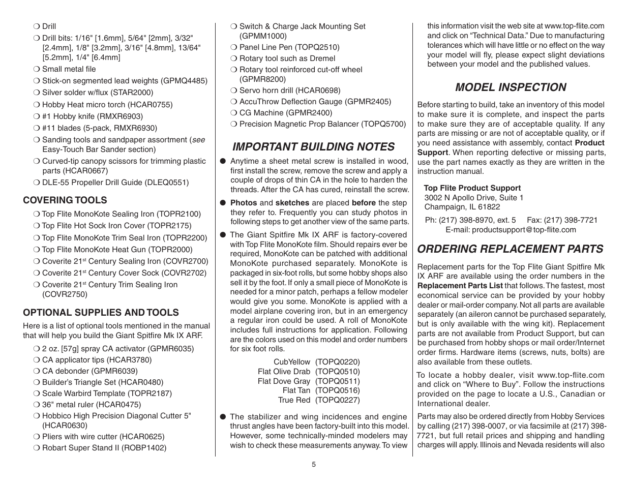 Model inspection, Ordering replacement parts | Top Flite TOPA0708 User Manual | Page 5 / 36