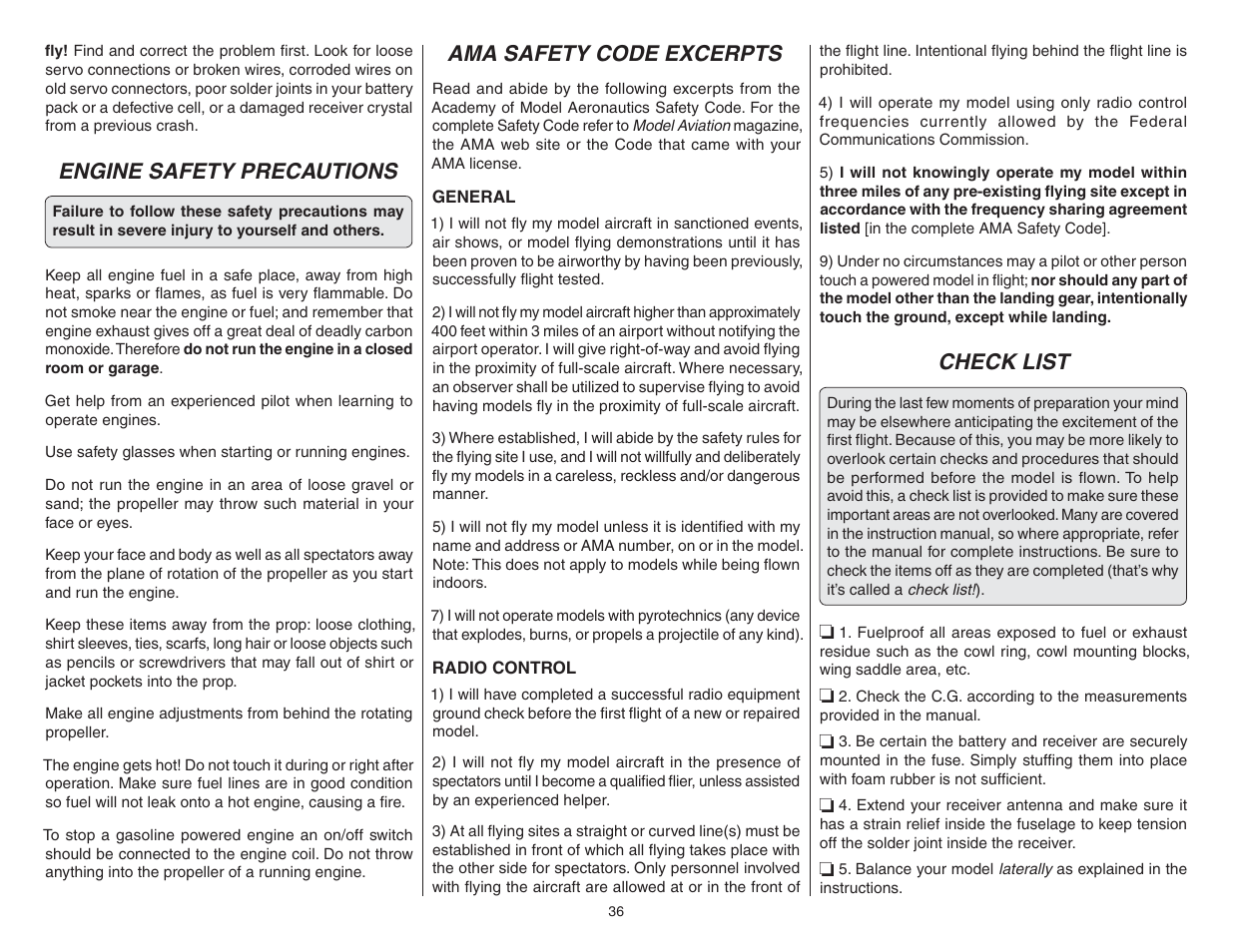 Check list, Ama safety code excerpts, Engine safety precautions | Top Flite TOPA0712 User Manual | Page 36 / 40