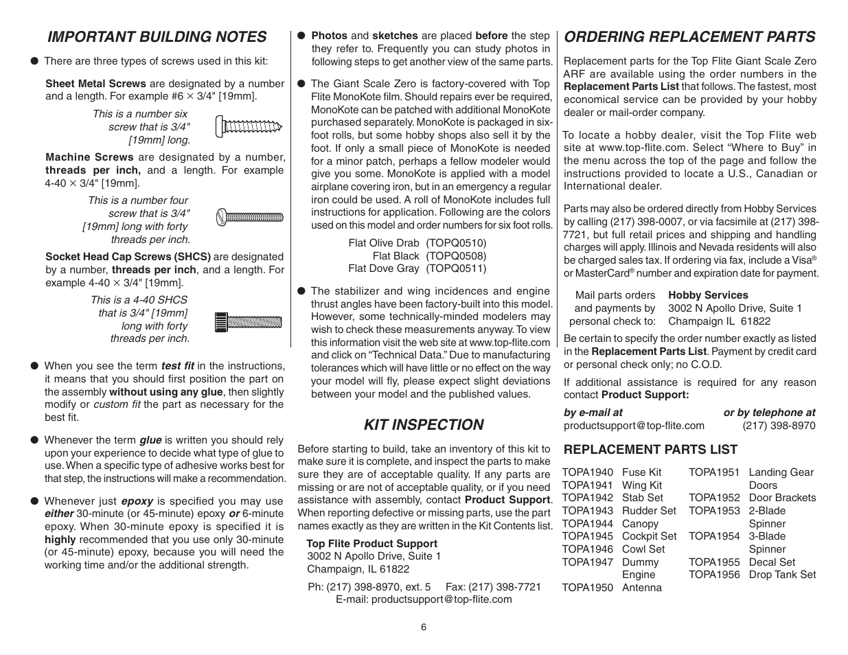 Kit inspection, Ordering replacement parts | Top Flite TOPA0712 User Manual | Page 6 / 40