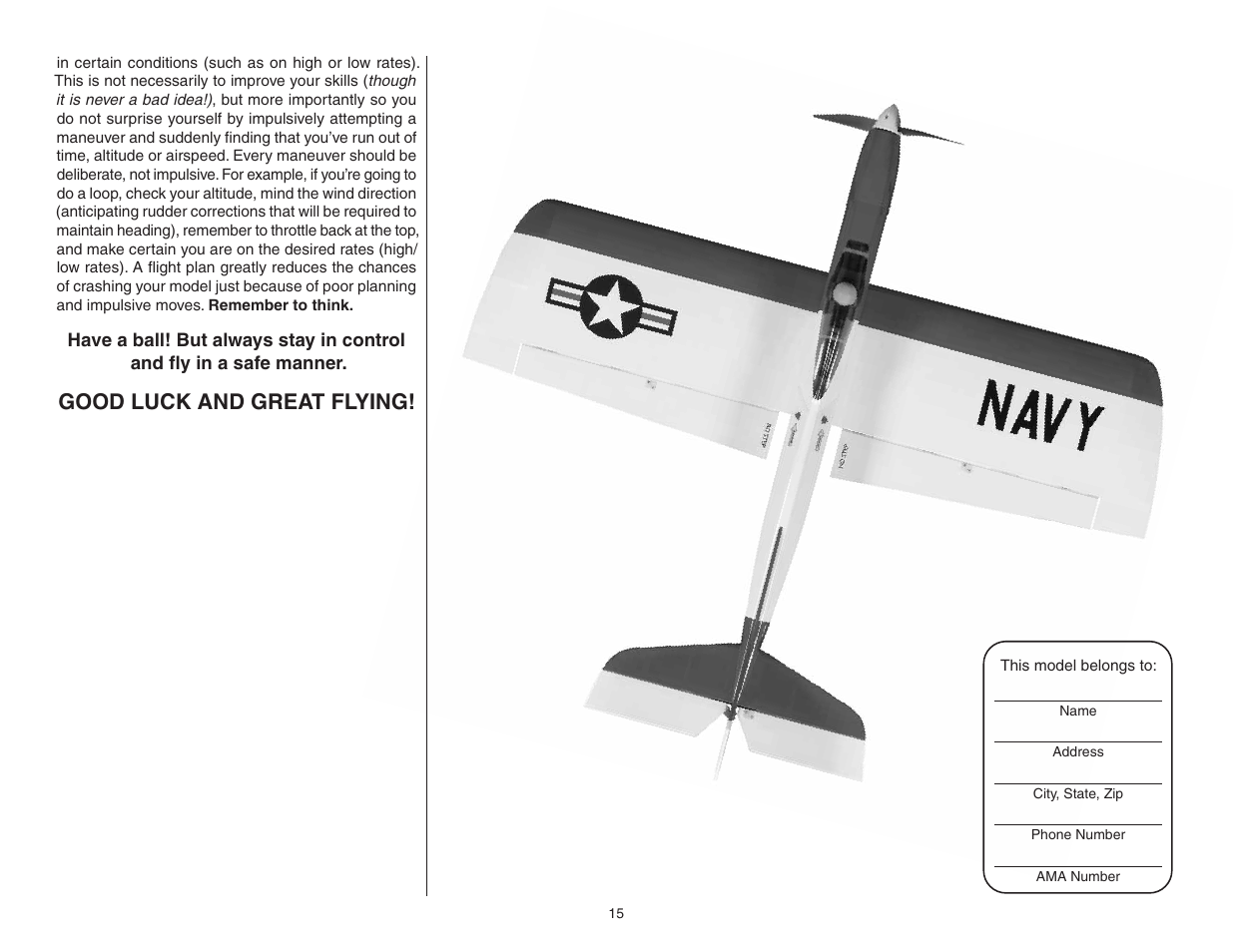 Good luck and great flying | Top Flite TOPA1025 User Manual | Page 15 / 16