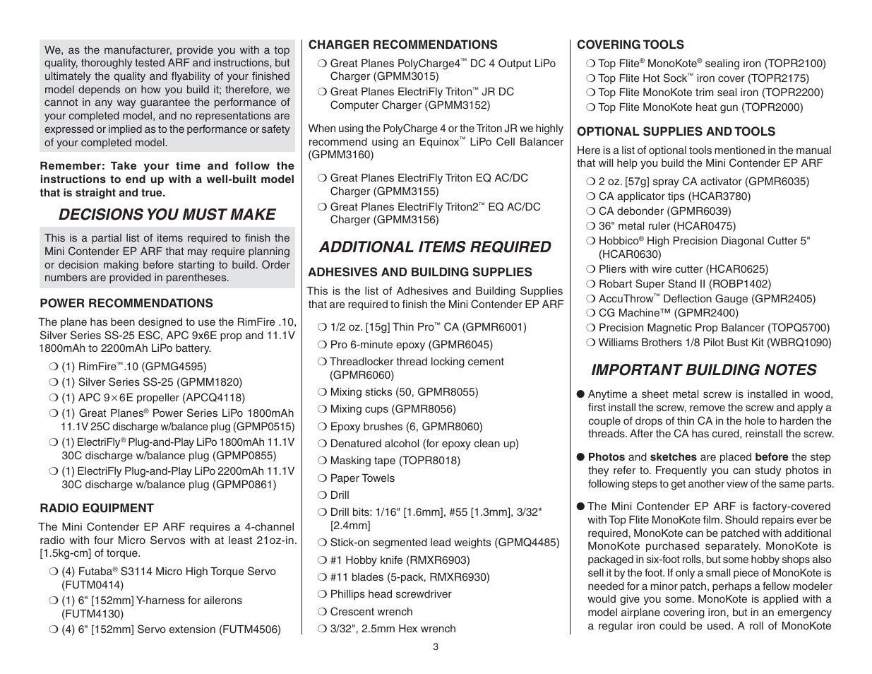 Decisions you must make, Additional items required | Top Flite TOPA1025 User Manual | Page 3 / 16