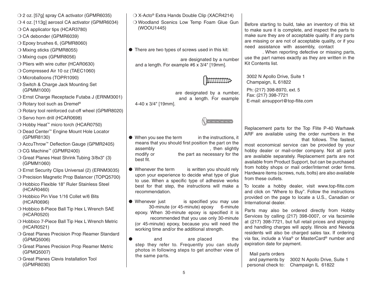 Kit inspection, Ordering replacement parts | Top Flite TOPA0970 User Manual | Page 5 / 32