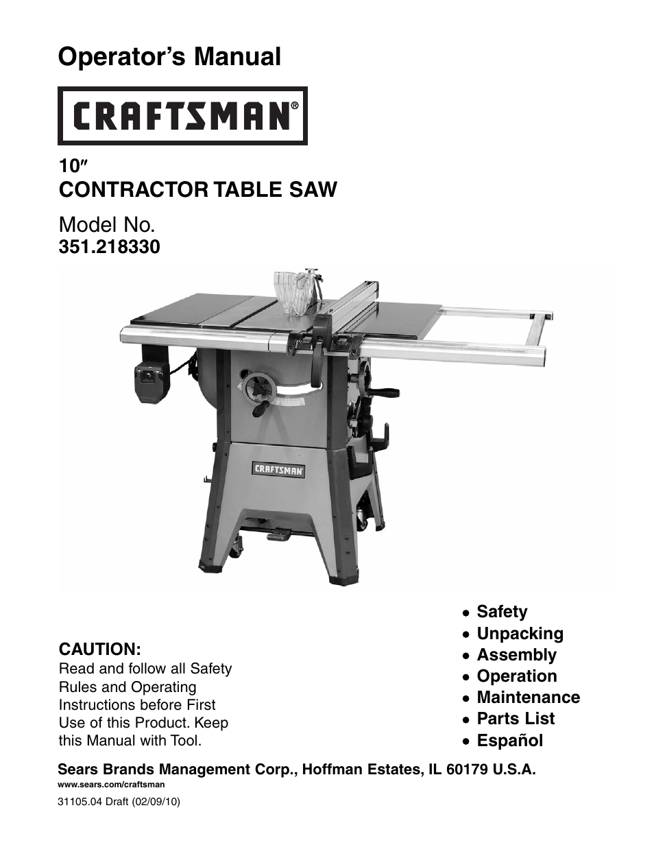 Craftsman CONTRACTOR 351.21833 User Manual | 36 pages