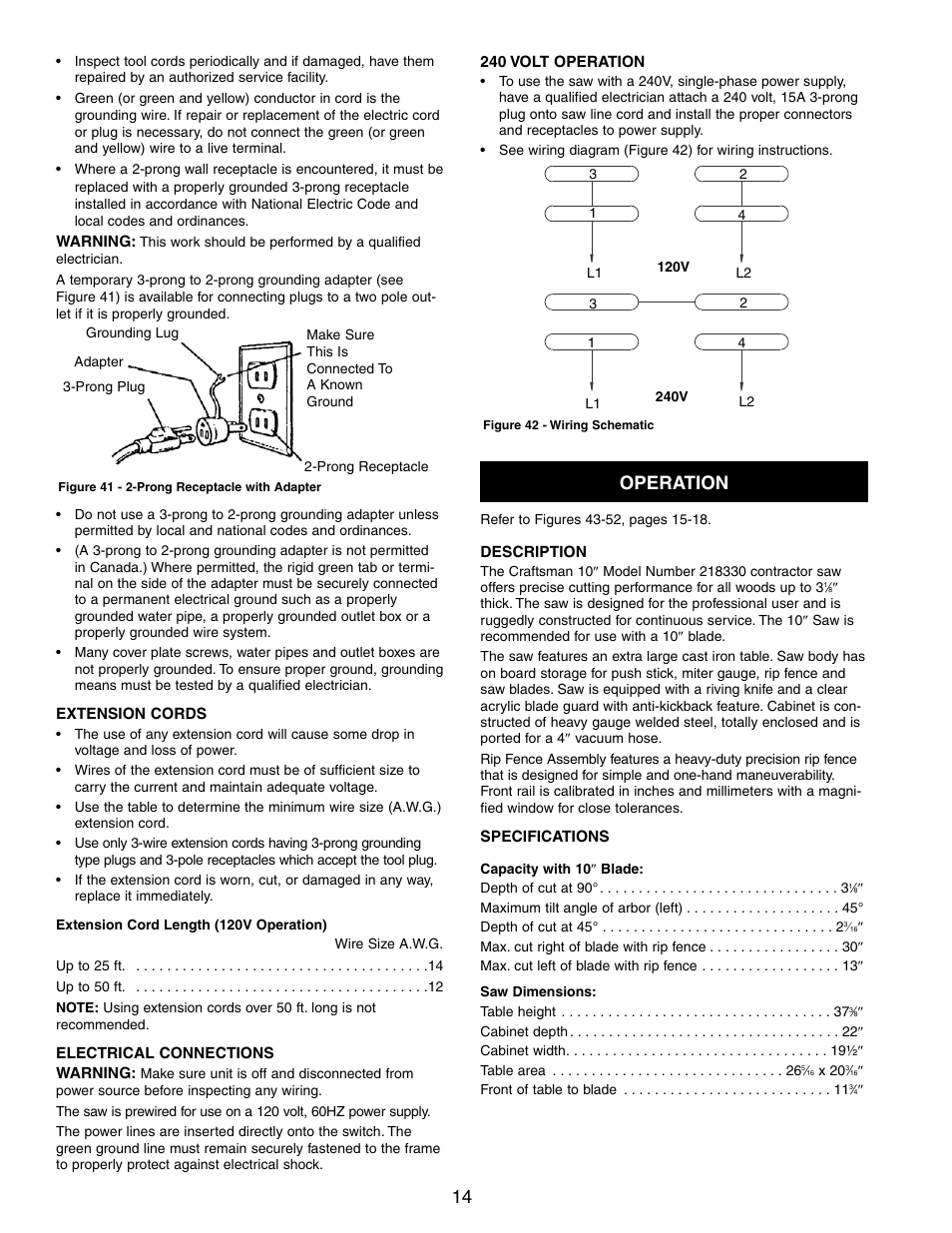 Operation | Craftsman CONTRACTOR 351.21833 User Manual | Page 14 / 36