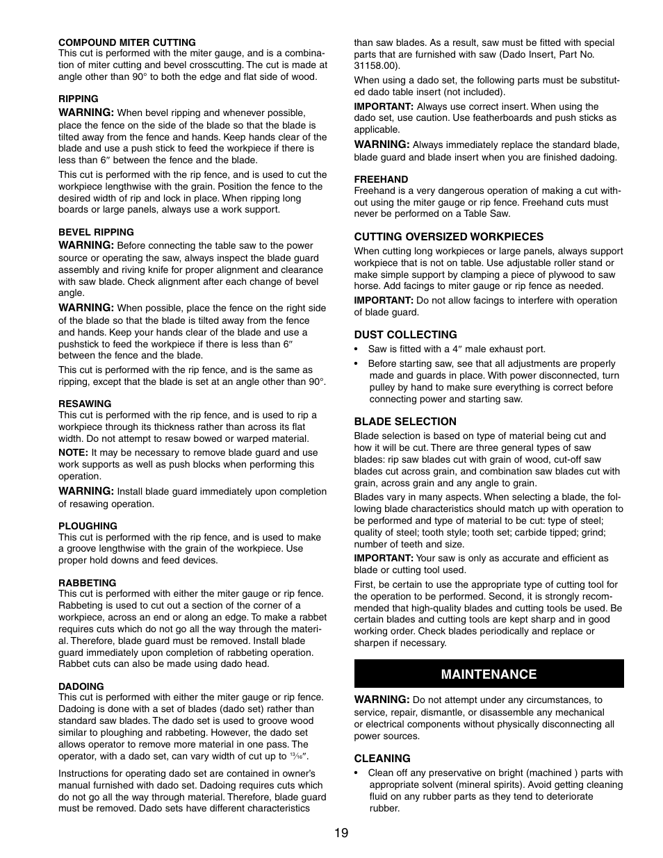 Maintenance | Craftsman CONTRACTOR 351.21833 User Manual | Page 19 / 36