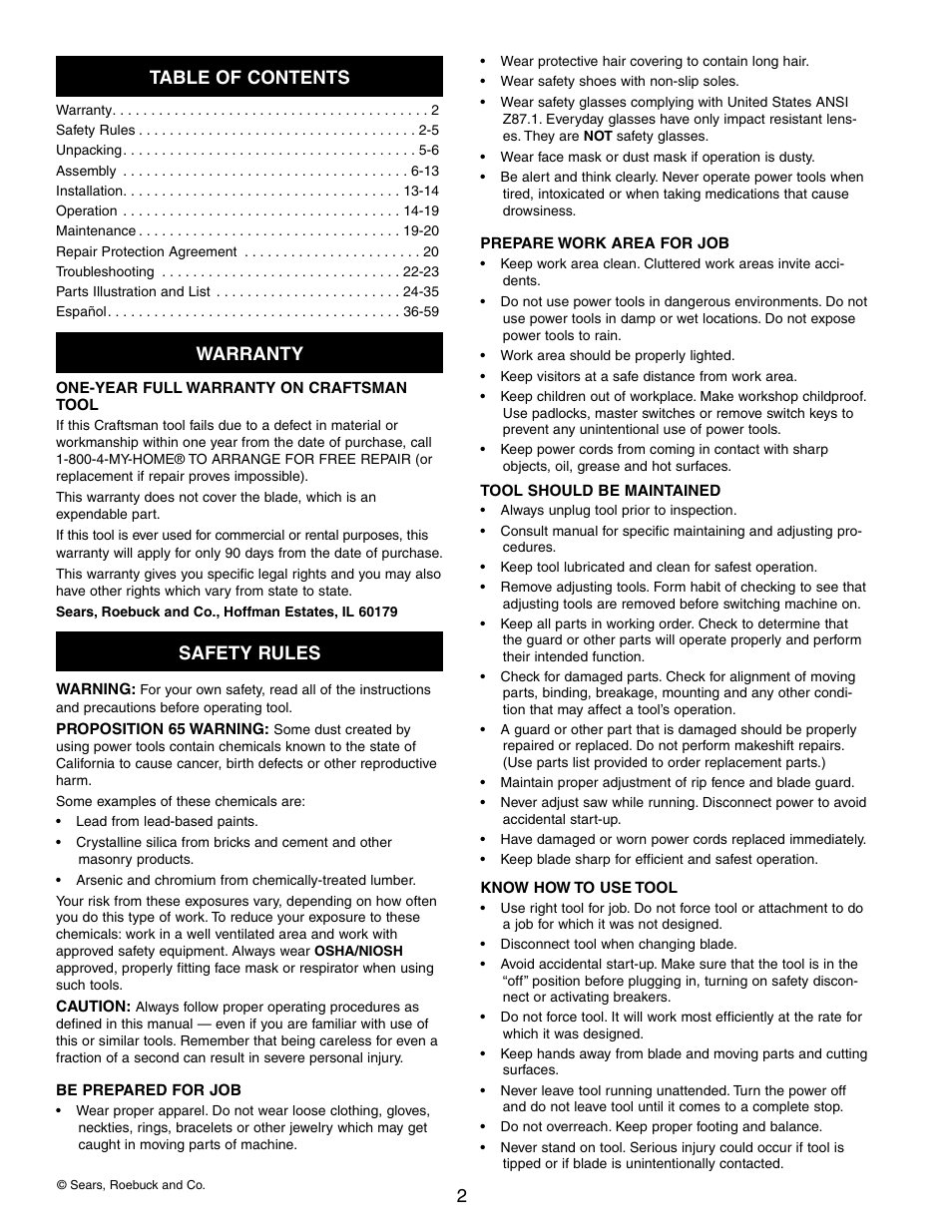 2table of contents, Warranty, Safety rules | Craftsman CONTRACTOR 351.21833 User Manual | Page 2 / 36