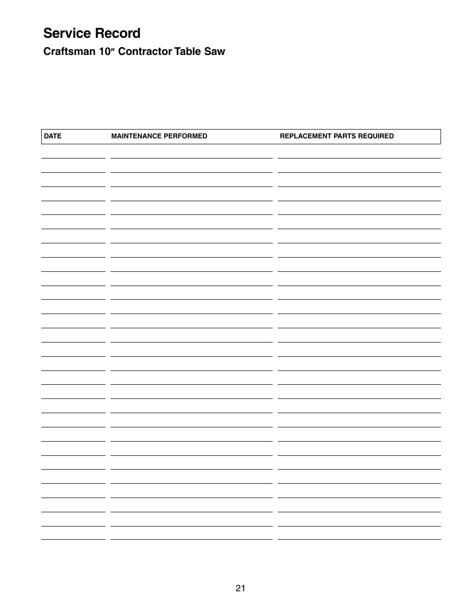 Service record | Craftsman CONTRACTOR 351.21833 User Manual | Page 21 / 36