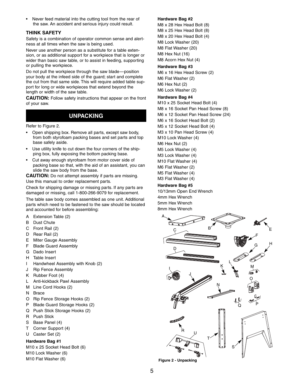 Unpacking | Craftsman CONTRACTOR 351.21833 User Manual | Page 5 / 36