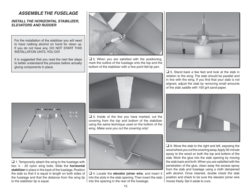Assemble the fuselage, Install horizontal stabilizer, elevators & rudder | Top Flite TOPA0955 User Manual | Page 15 / 36