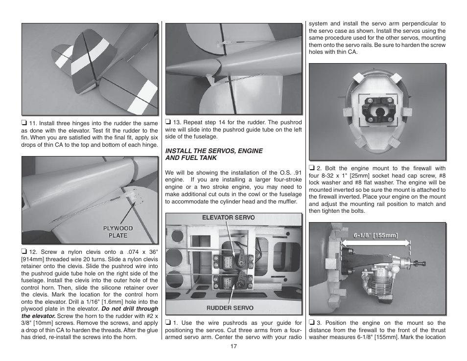 Install the servos, engine & fuel tank | Top Flite TOPA0955 User Manual | Page 17 / 36