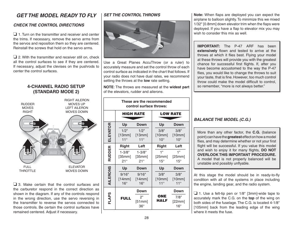 Get the model ready to fly, Check the control directions, Set the control throws | Balance the model (c.g.) | Top Flite TOPA0955 User Manual | Page 28 / 36