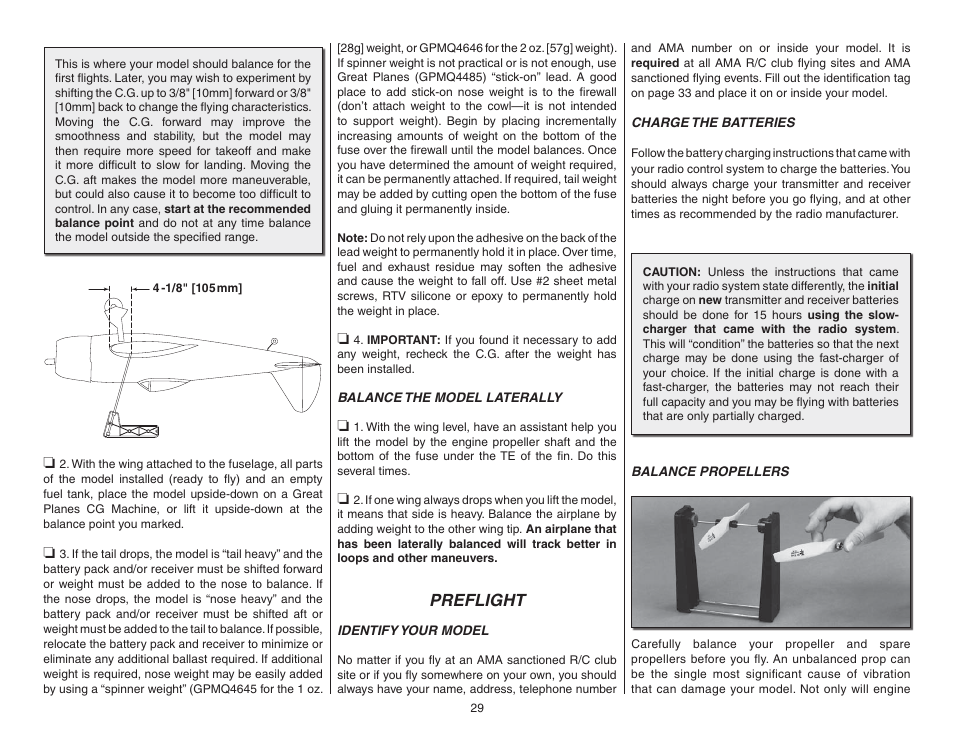 Balance the model laterally, Preflight, Identify your model | Charge the batteries, Balance propellers | Top Flite TOPA0955 User Manual | Page 29 / 36
