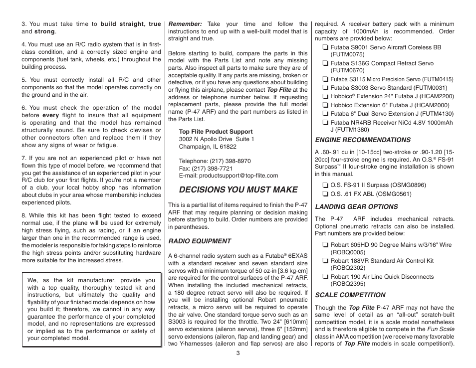 Decisions you must make, Radio equipment, Engine recommendations | Landing gear options, Scale competition | Top Flite TOPA0955 User Manual | Page 3 / 36