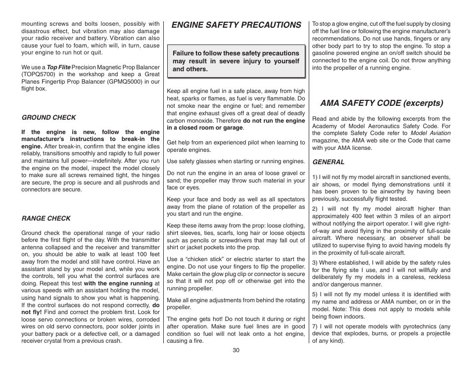 Ground check, Range check, Engine safety precautions | Ama safety code (excerpts), General | Top Flite TOPA0955 User Manual | Page 30 / 36