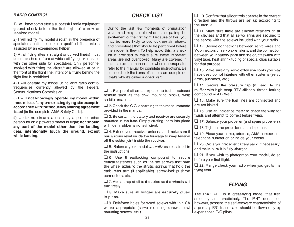 Radio control, Check list, Flying | Top Flite TOPA0955 User Manual | Page 31 / 36