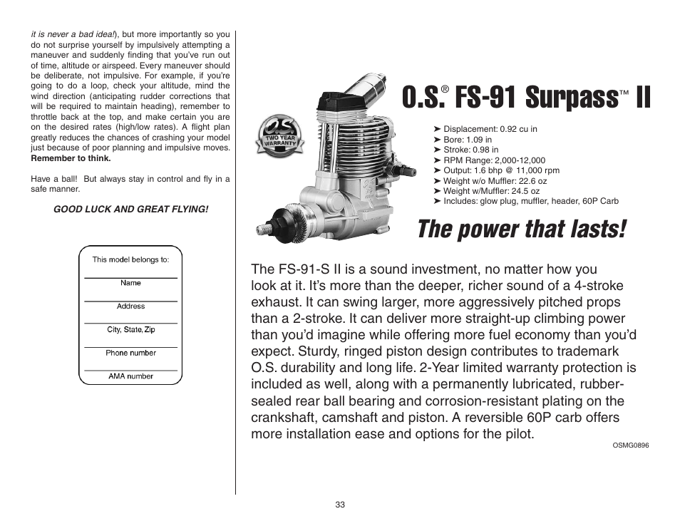 Fs-91 surpass, The power that lasts | Top Flite TOPA0955 User Manual | Page 33 / 36