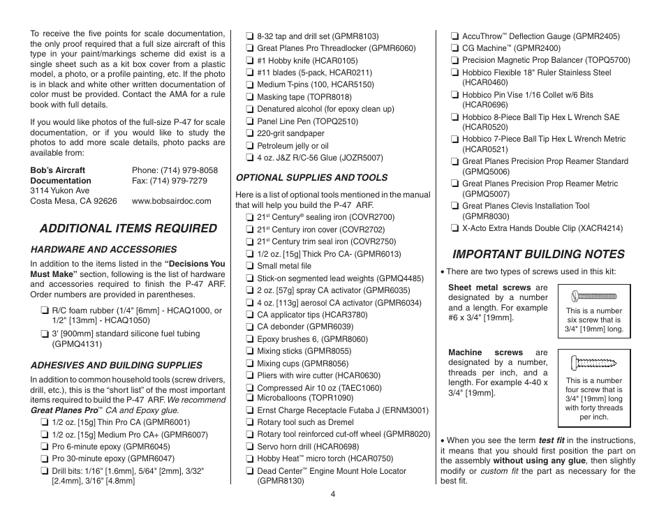 Additional items required, Hardware and accessories, Adhesives and building supplies | Optional supplies and tools, Important building notes | Top Flite TOPA0955 User Manual | Page 4 / 36