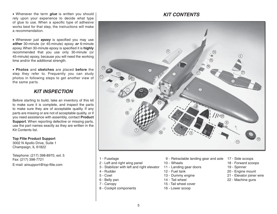 Kit inspection, Kit contents | Top Flite TOPA0955 User Manual | Page 5 / 36