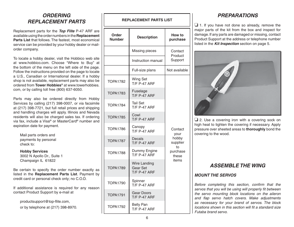 Ordering replacement parts, Preparations, Assemble the wing | Mount the servos | Top Flite TOPA0955 User Manual | Page 6 / 36