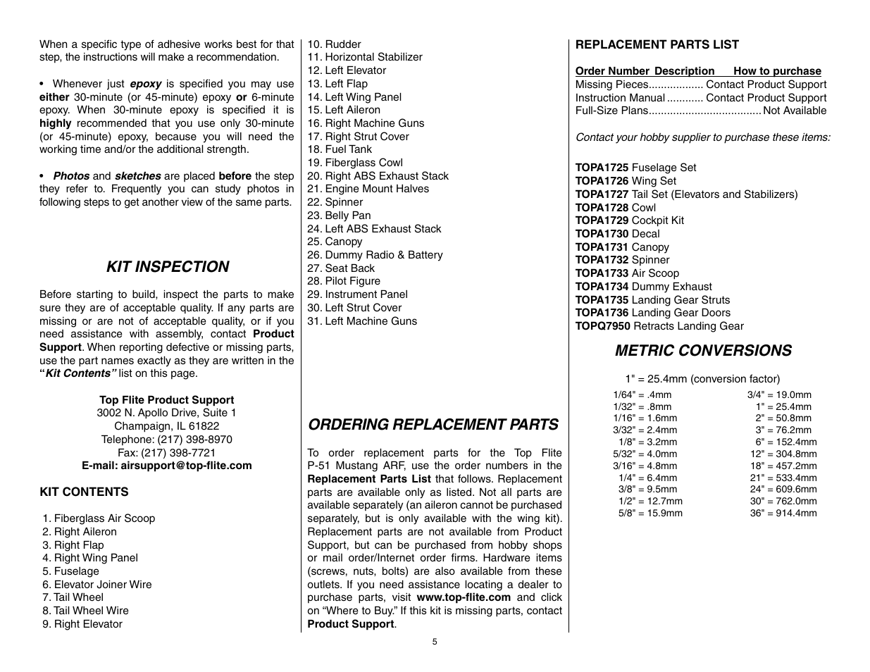 Kit inspection, Ordering replacement parts, Metric conversions | Top Flite TOPA0950 User Manual | Page 5 / 32