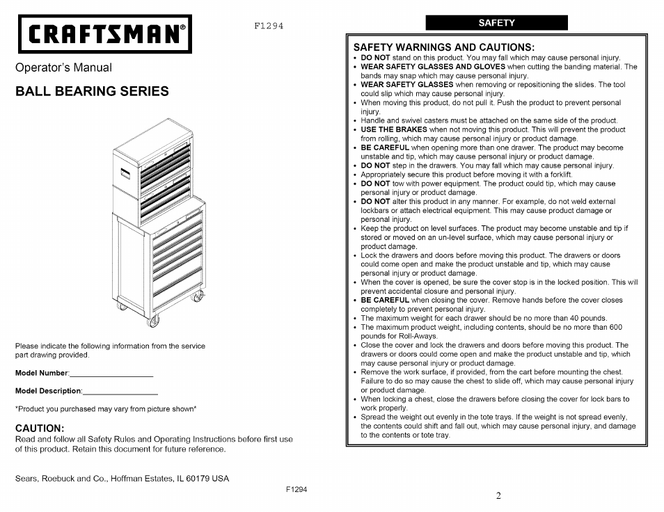 Craftsman F1294 User Manual | 8 pages