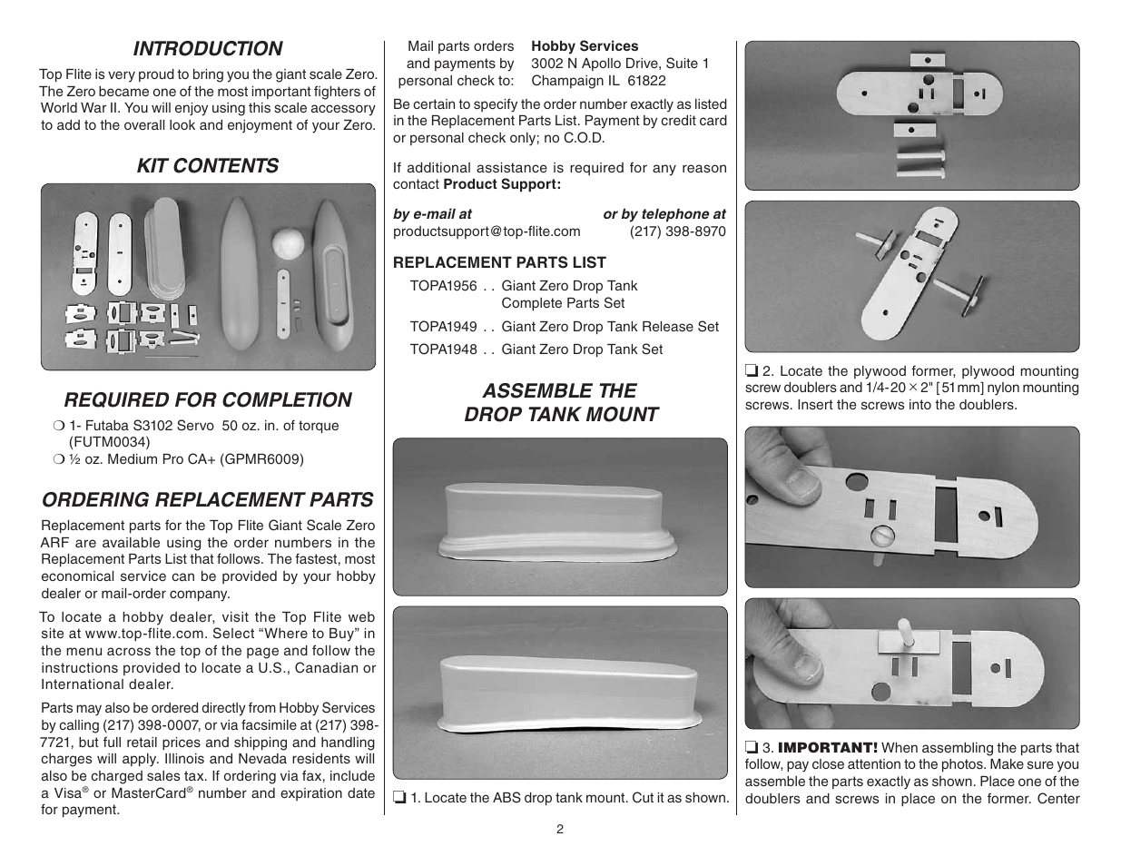 Introduction, Kit contents required for completion, Ordering replacement parts | Assemble the drop tank mount | Top Flite TOPA1956 User Manual | Page 2 / 8