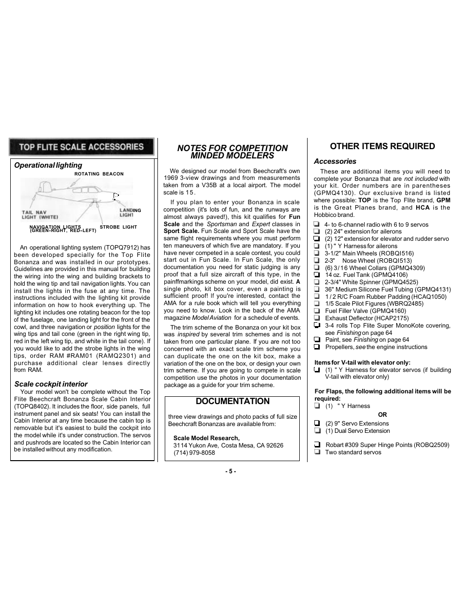 Documentation, Other items required | Top Flite TOPA0305 Part 1 User Manual | Page 6 / 37